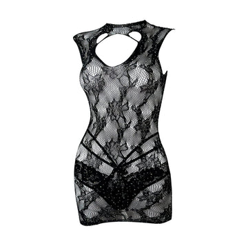 Elegant Black Lace Sexy Rhinestone Sleeveless Dress